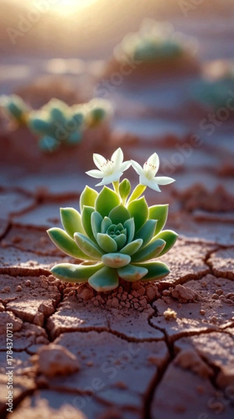 Fototapeta small green sprout emerging from cracked, dry earth Hope in the Dust, Generative Ai