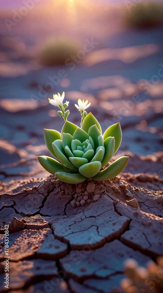 Fototapeta small green sprout emerging from cracked, dry earth Hope in the Dust, Generative Ai