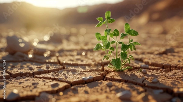 Fototapeta small green sprout emerging from cracked, dry earth Hope in the Dust, Generative Ai