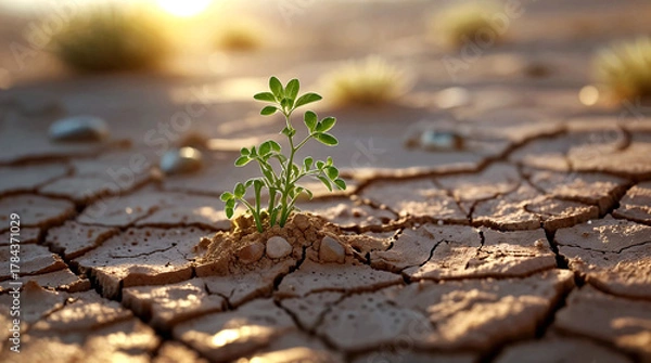 Fototapeta small green sprout emerging from cracked, dry earth Hope in the Dust, Generative Ai