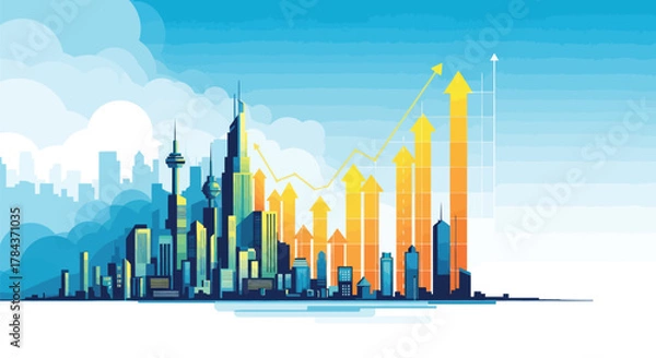 Obraz Vibrant cityscape illustration showing dynamic financial growth and opportunities for investment in modern urban development projects now