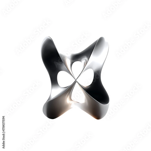 Fototapeta Abstract Silver Metal Sculpture with Clover Leaf Design Against Black Backdrop Creates Striking Modern Art Piece