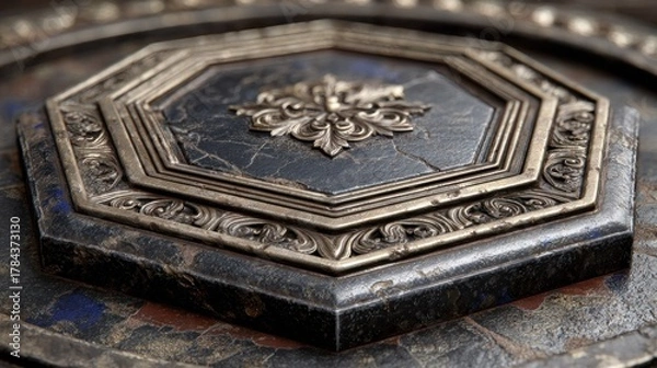 Obraz Close-up of an ornate hexagonal dark surface with intricate gold filigree and aged texture