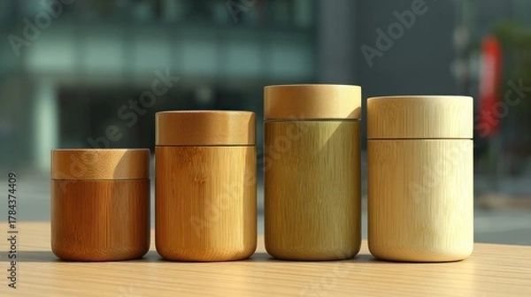 Obraz Four varying-sized natural bamboo-like cylindrical containers on a sunlit surface