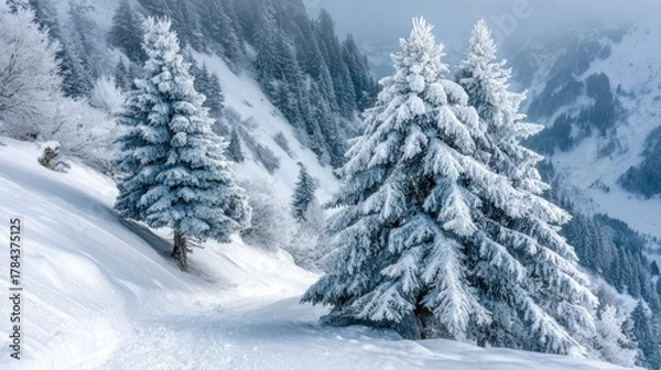 Obraz Heavily snow-laden evergreen trees line a winter mountain path with distant white peaks