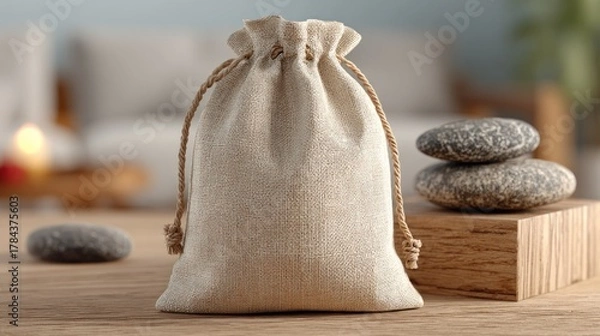Obraz Linen drawstring pouch, smooth stones, wooden block on table, cozy blurred background