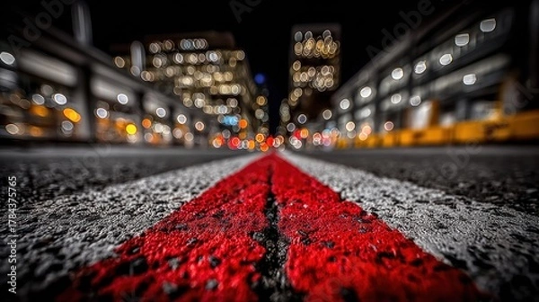 Obraz Low-angle view of a city road with prominent red line, out-of-focus city lights at night