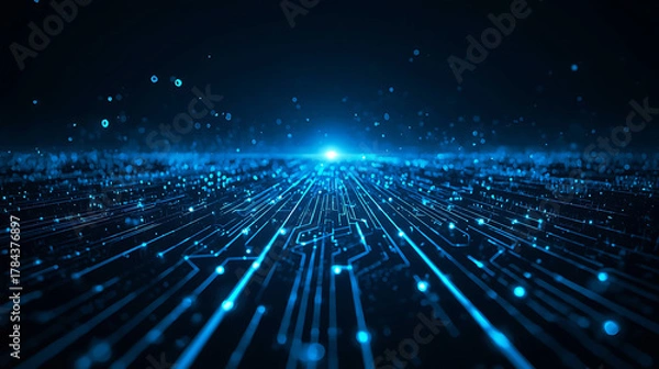 Fototapeta Futuristic Technology Abstract Background with Blue Circuit Board Lines and Glowing Particles