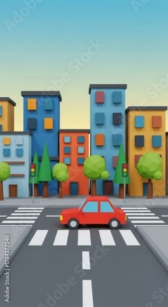 Obraz Colorful Low-Poly Cityscape with Vibrant Buildings and a Red Car Crossing