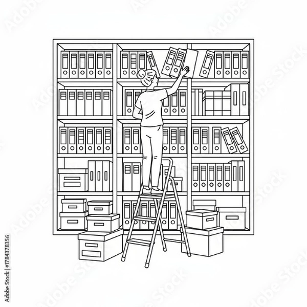 Fototapeta Female employee arranging folders and documents on shelves in an office archive room