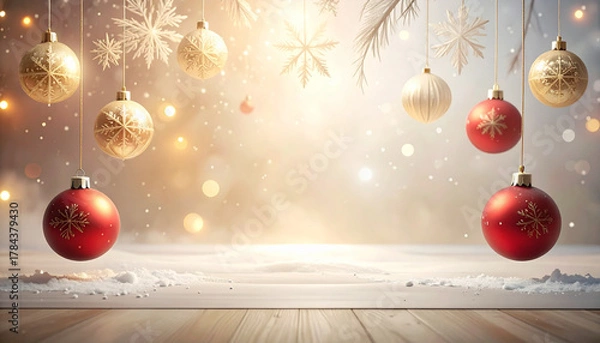 Obraz Festive Christmas Background with Red and Gold Ornaments Hanging Over Snowy Wooden Floor and Soft Bokeh Lights