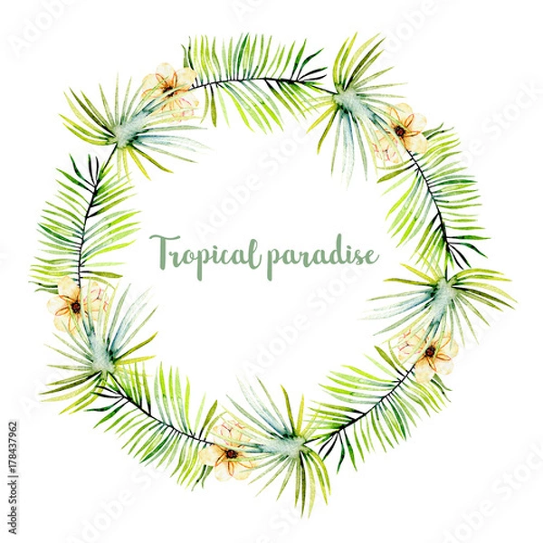 Fototapeta Watercolor pink flowers and tropical fern and palm leaves frame border, wreath, hand painted on a white background