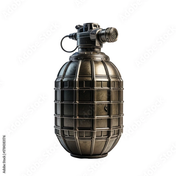 Fototapeta Metallic, spherical military explosive with a top lever, set against black