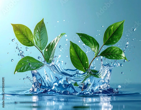 Obraz Fresh Green Leaves Splashing in Clear Blue Water Representing Nature, Purity, and Eco Concept
