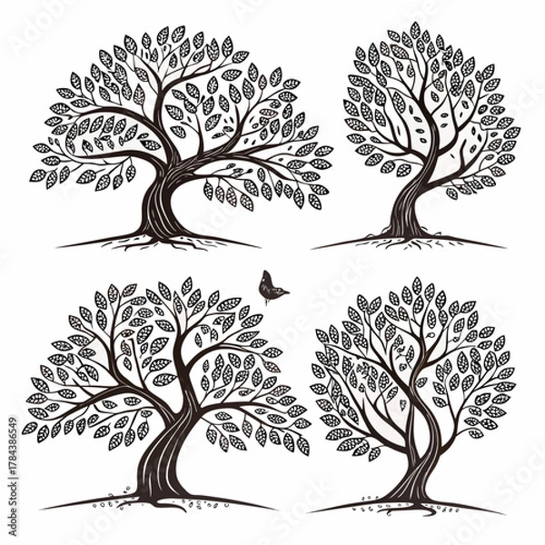 Fototapeta Four ornate vintage style trees with detailed leaves and roots