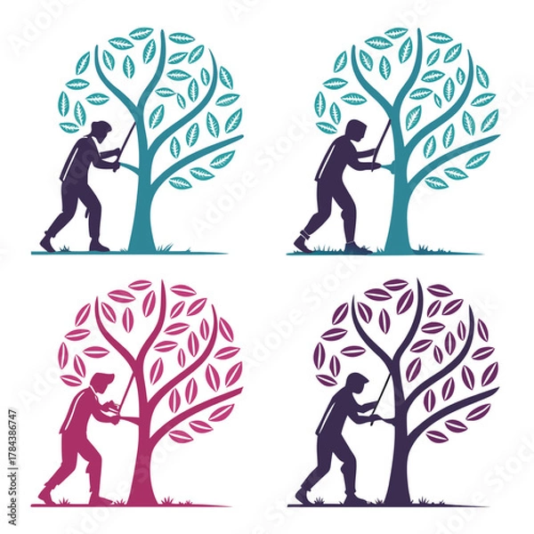 Fototapeta Four stylized trees with people pruning person silhouette