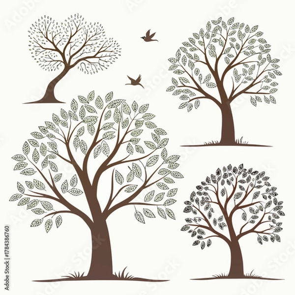 Fototapeta Four stylized trees with birds in flight nature forest