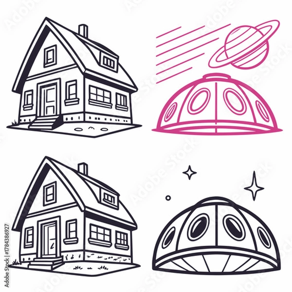 Fototapeta Two houses and two flying saucers vector icons home