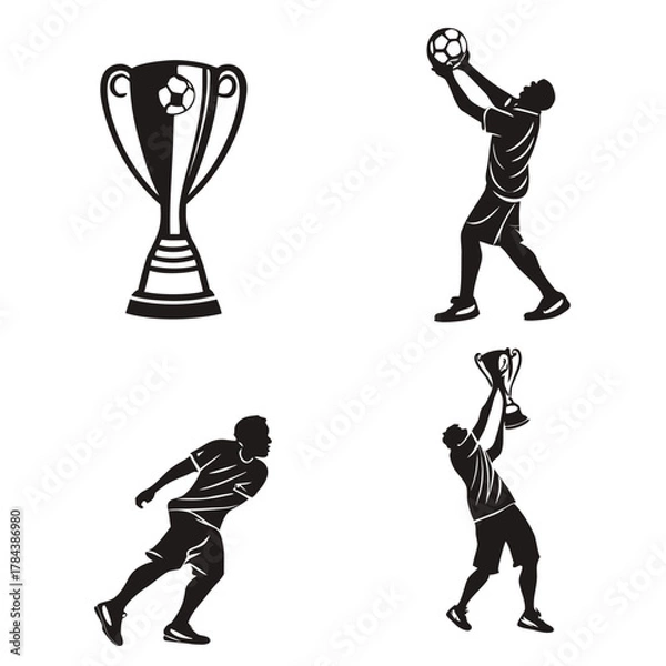 Fototapeta Four black silhouette soccer trophy and player icons 1