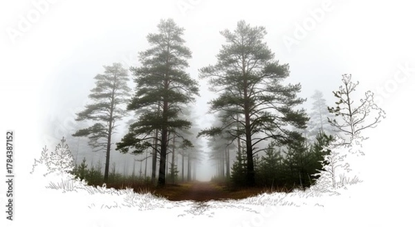 Obraz Misty Forest Scene with Tall Pine Trees and Foggy Atmosphere