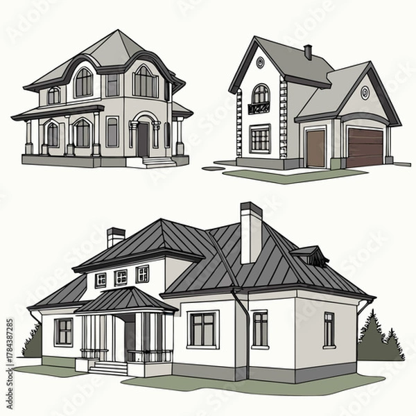 Fototapeta Three detached houses with gray roofs and white walls