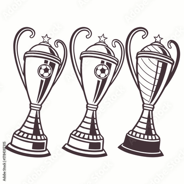 Fototapeta Three vintage soccer trophies with stars and soccer balls