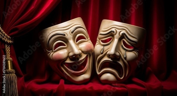 Obraz Comedy and Sadness Theater Masks on Red Velvet Curtain for Drama Performance