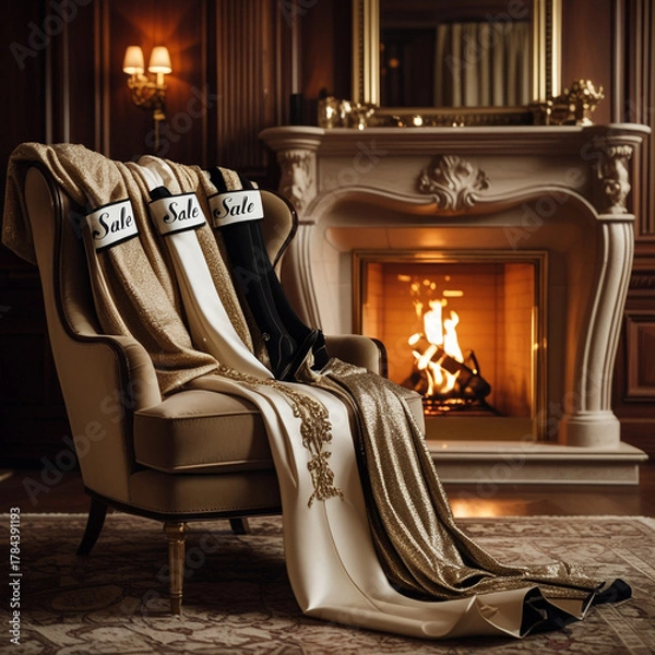Obraz Elegant fabrics draped over a chair near a cozy fireplace sale time