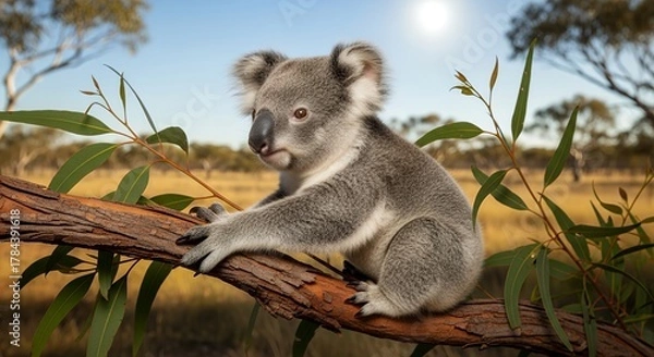 Obraz Cute Gray Koala Baby Climbing on Tree Branch in Australian Bushland