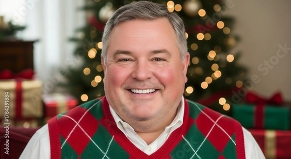 Obraz Happy Middle-Aged Man Wearing Festive Christmas Sweater Smiling in Living Room with Decorated Tree