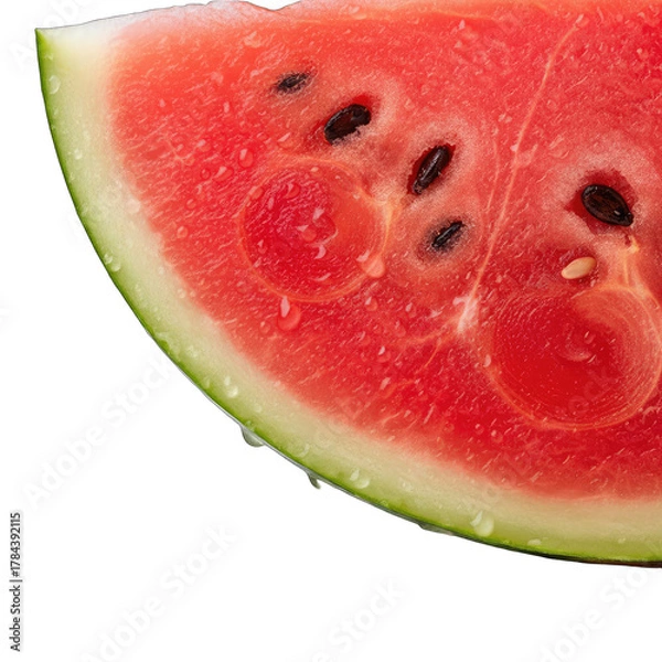 Fototapeta Close up of a juicy ripe watermelon slice with black seeds and water droplets on a transparent background macro photography