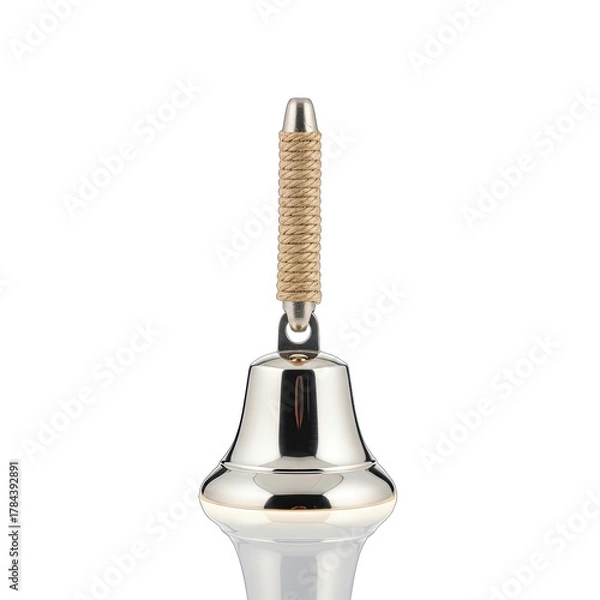 Fototapeta Close up of a silver bell with a golden sparkly handle isolated on a black background with studio lighting.