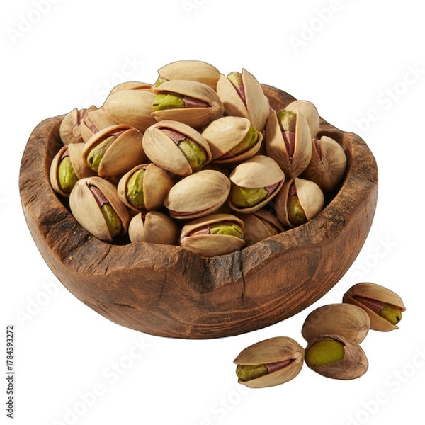 Fototapeta Close up of a wooden bowl filled with roasted pistachios on a clean black background with natural lighting highlighting the textures and vibrant green nut inside each shell
