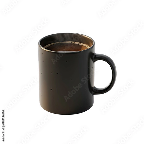 Fototapeta A realistic 3D render of a black mug filled with steaming hot coffee isolated on a transparent background with subtle warm lighting highlighting the steam and coffee surface