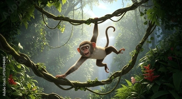 Fototapeta Animated Monkey Swinging on Jungle Vines in Lush Rainforest Scene