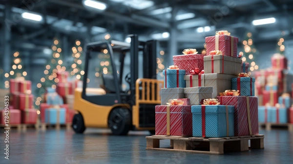 Fototapeta Holiday Delivery: Festive presents stacked on a pallet, ready for shipment in a bustling warehouse, showcasing the essence of holiday logistics.