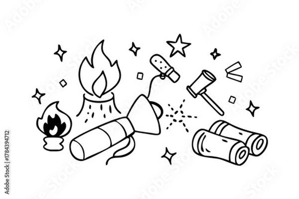 Obraz Campfire with Marshmallows and Flashlight camping night