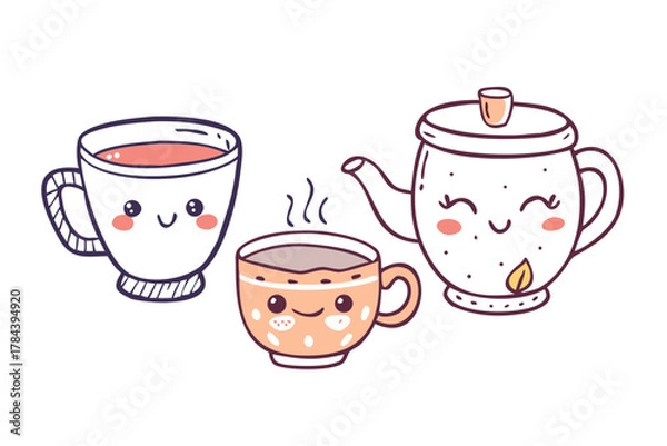Obraz Cute coffee cups and teapot with faces kawaii