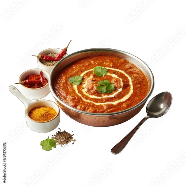 Fototapeta Authentic Indian Lentil Dal Dish Garnished With Cream And Cilantro Served With Spices In Small Bowls And A Spoon On A Black Background Studio Shot