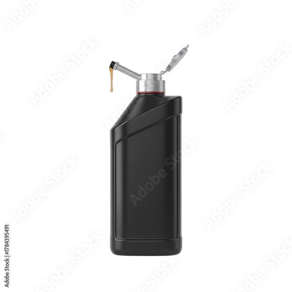 Fototapeta Black oil lubricant bottle with red accent and silver nozzle dispensing yellow liquid isolated on black background high quality studio shot