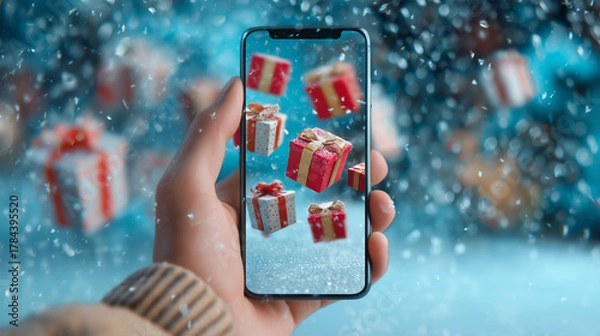 Obraz Digital Gift Reveal: A person's hand holding a smartphone, unveiling an augmented reality display of floating gift boxes against a serene, snow-kissed backdrop.