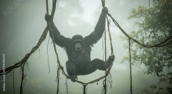 Obraz Young Gorilla Sitting on Tree Branches in Dense Jungle Environment