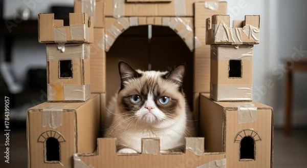 Obraz Grumpy Cat with Blue Eyes Sitting Inside Cardboard Castle Model for Pet and Cat Toys or Home Decor