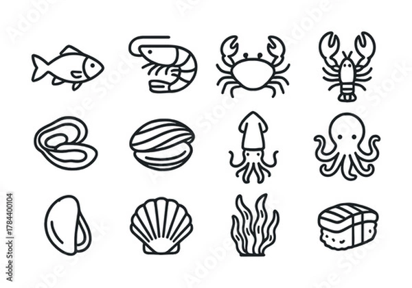 Obraz Seafood icons set: fish, shellfish, crustaceans, squid, octopus, sushi