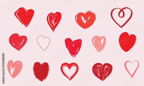 Fototapeta Various unique hearts. Various textures. Unique modern style. Hand-drawn fashion vector illustration. Love, Valentine's Day, romance, novel concept. Printing, logo, design templates.