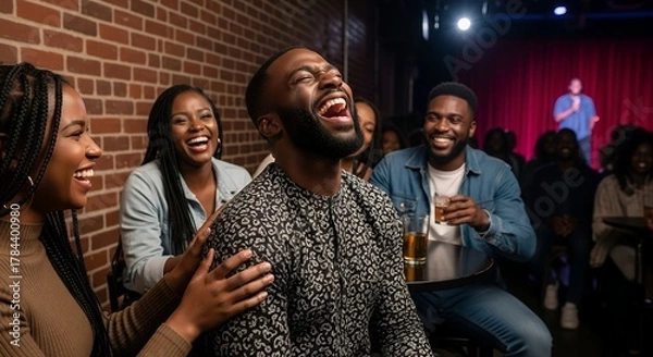 Obraz Happy Diverse Group of People Laughing and Enjoying Comedy Show in Cozy Indoor Venue