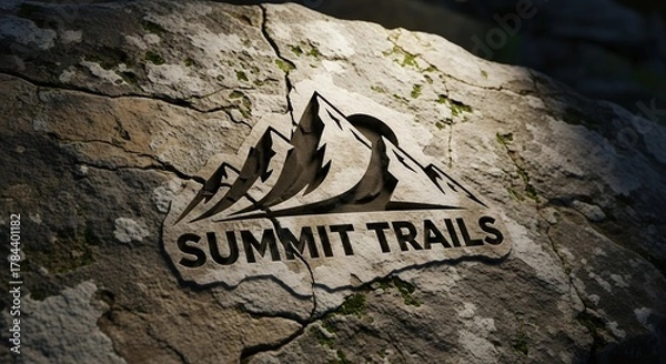 Fototapeta Wooden Mountain Logo with Summit Trails Text on Rocky Surface for Outdoor Adventure or Hiking Branding