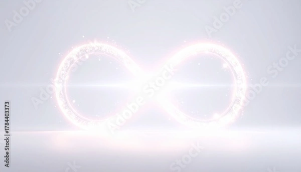 Fototapeta Glowing Infinity Symbol with Sparkling Particles on White Background - Abstract Concept of Eternity, Love, and Limitless Possibilities