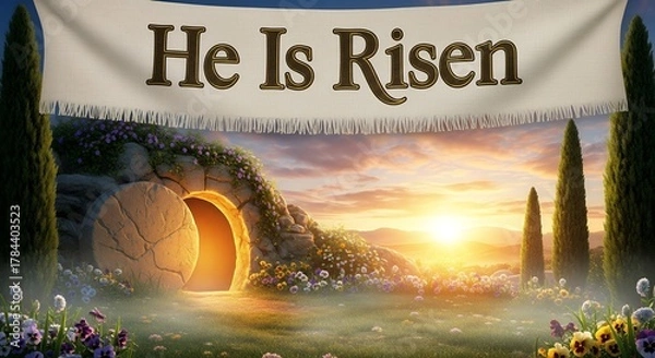 Obraz Sunrise Over Scenic Garden with Large Banner Saying He Is Risen in Elegant Style