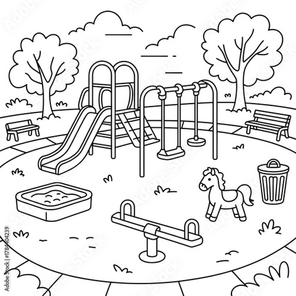 Fototapeta Playground Coloring Page for Kids – Swings, Slide, Sandbox & Trees
